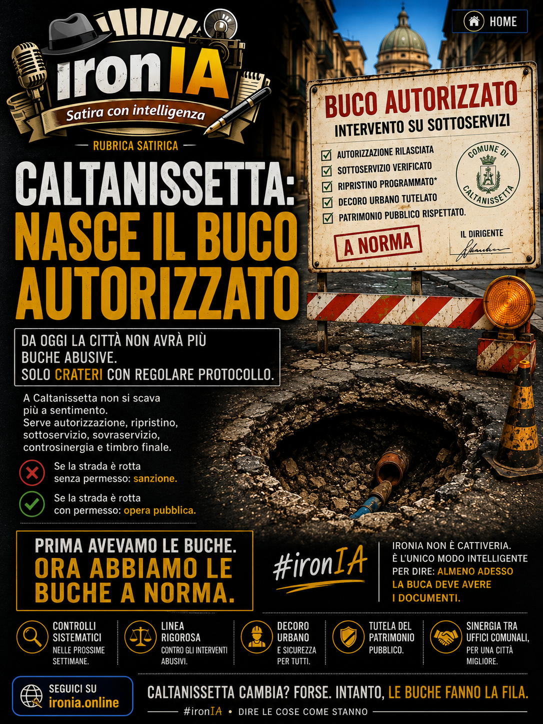 Caltanissetta: nasce il buco autorizzato - locandina satirica ironIA