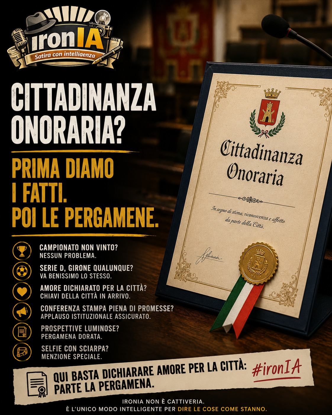 Cittadinanza onoraria? Prima diamo i fatti, poi le pergamene - vignetta satirica ironIA