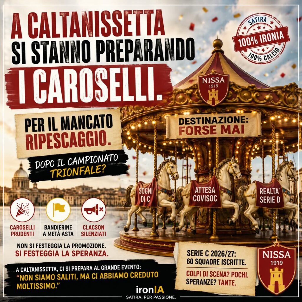 Locandina satirica ironIA sui caroselli a Caltanissetta per il mancato ripescaggio della Nissa
