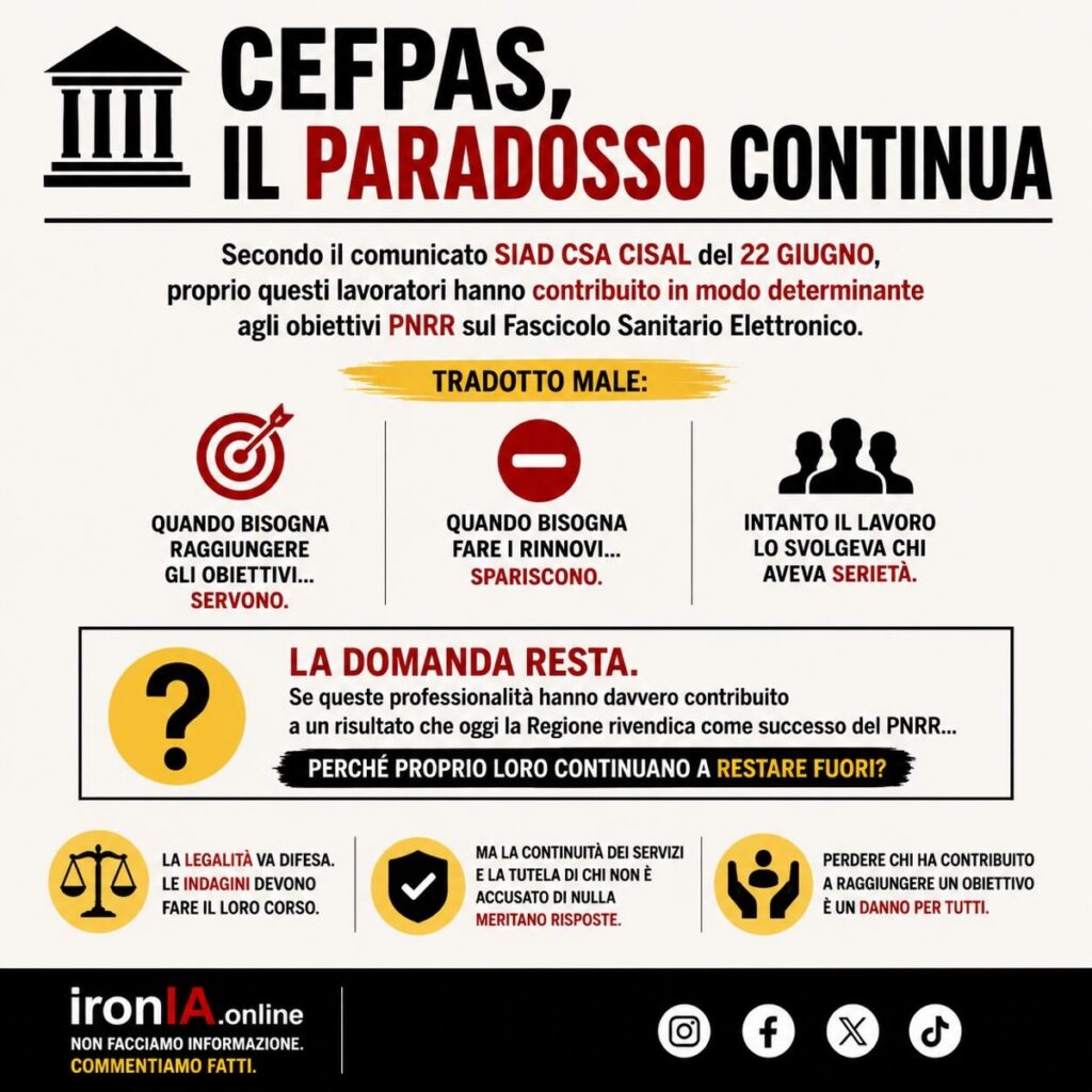 Locandina satirica ironIA sul CEFPAS, il PNRR, il Fascicolo Sanitario Elettronico e il paradosso dei lavoratori senza rinnovo