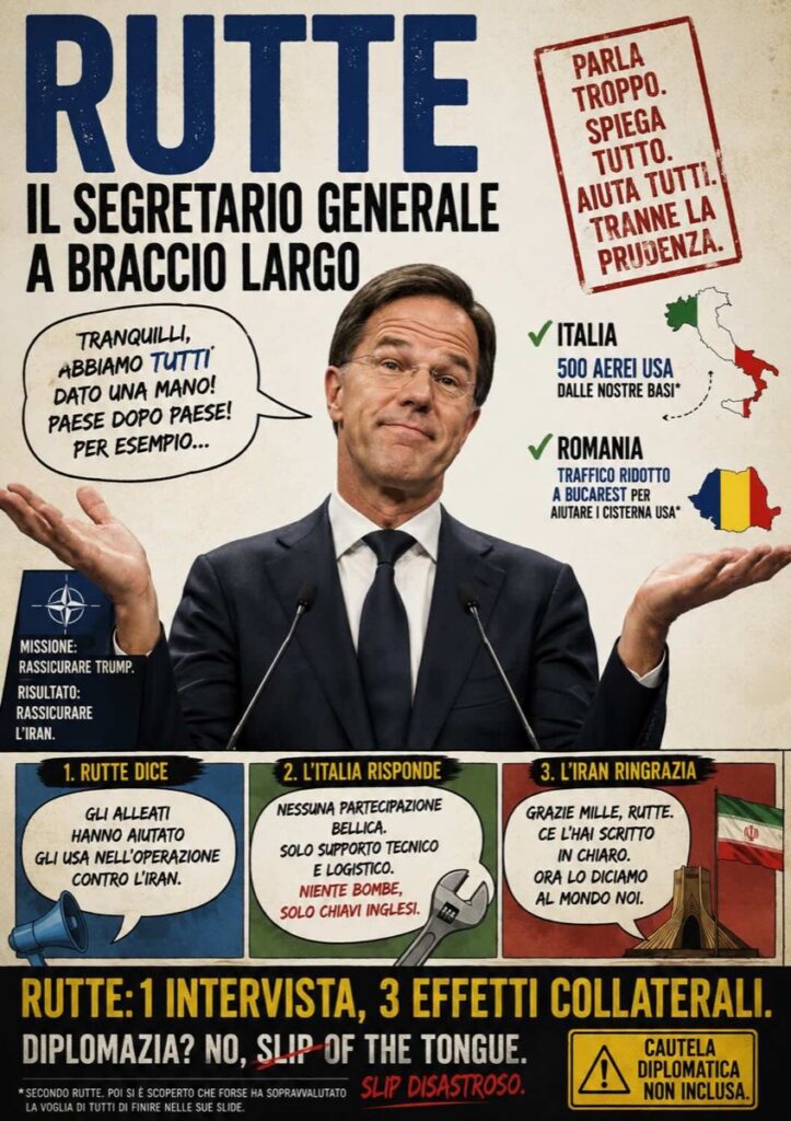 Rutte, il segretario generale a braccio largo. Parla troppo, spiega tutto, aiuta tutti tranne la prudenza.