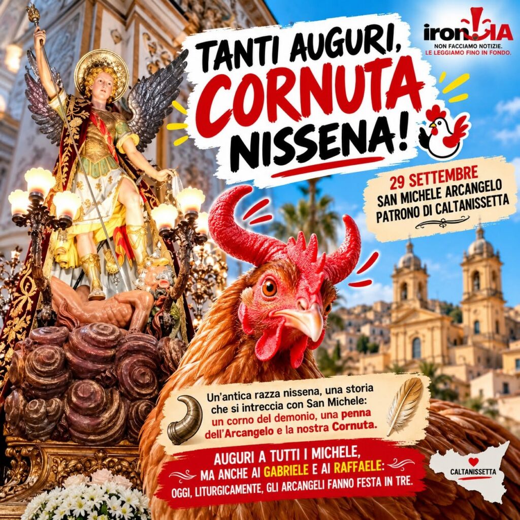 Locandina ironIA per San Michele: la statua del Patrono di Caltanissetta e la gallina Cornuta nissena.