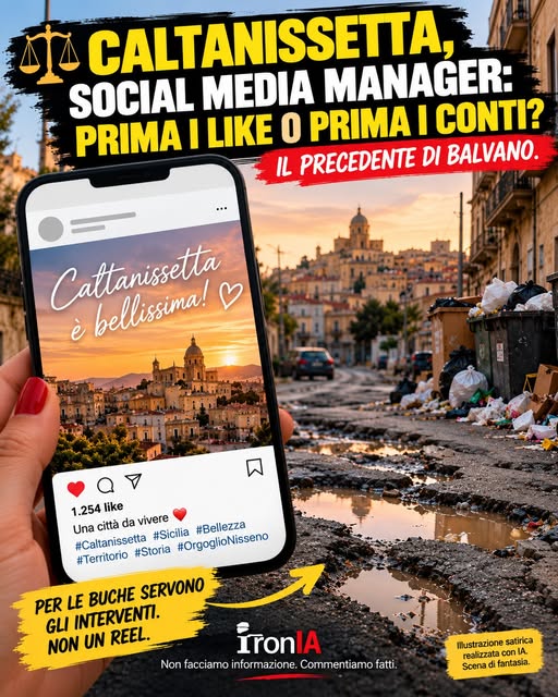 Illustrazione satirica su Social Media Manager, buche e conti del Comune di Caltanissetta