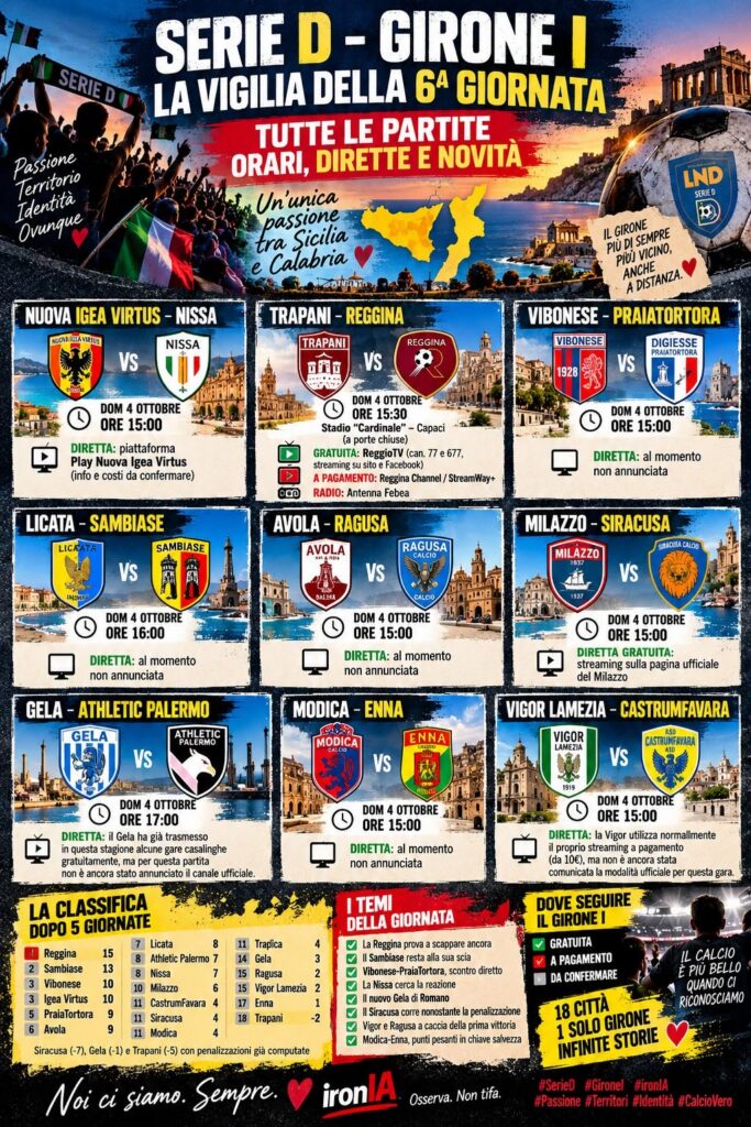 Locandina della vigilia della 6ª giornata del Girone I di Serie D con partite, orari e dirette