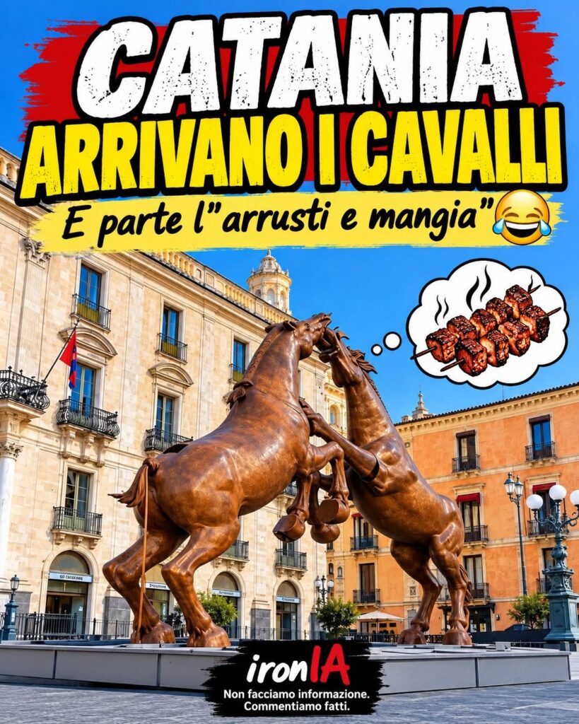 Locandina ironIA: i Fighting Horses di Arturo Di Modica in piazza Università a Catania e la battuta sull’“arrusti e mangia”