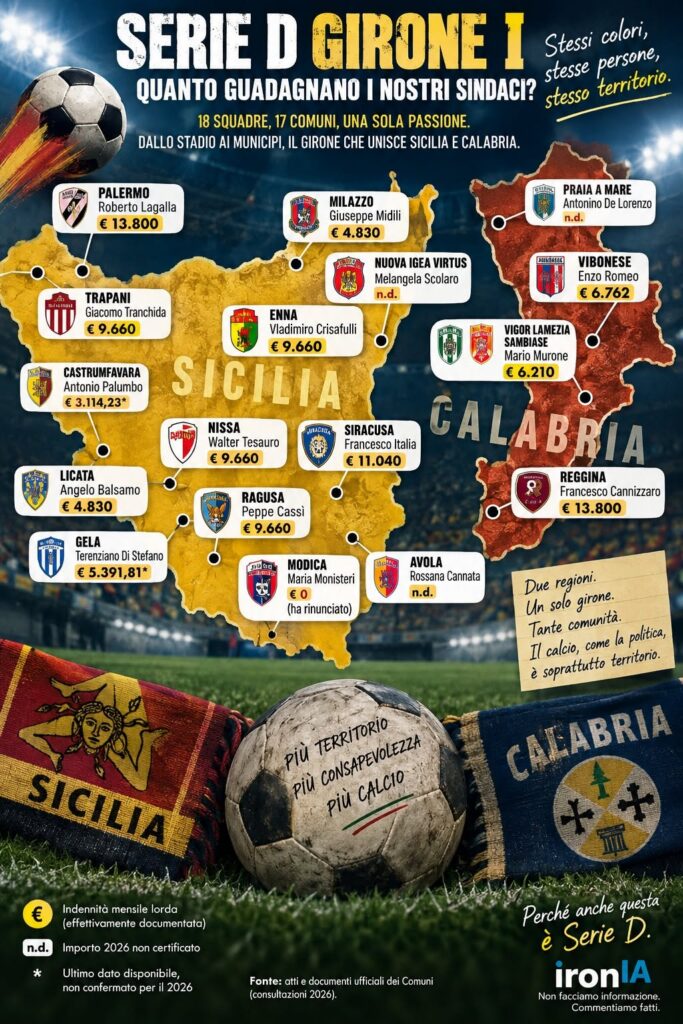 Infografica con le indennitร mensili lorde documentate dei sindaci delle 17 cittร del Girone I di Serie D.